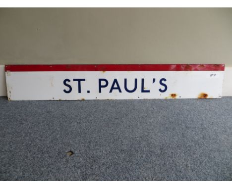 Vintage original London Underground station sign: St Pauls (#7). Approximate size: 25x154cm. PLEASE NOTE THIS ITEM IS COLLECT