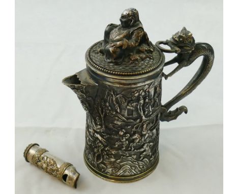 A Chinese electrotype double skinned jug, circa 1880, the body embossed with a Chinese hunting scene, dragon handle and seate
