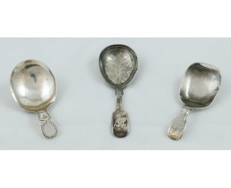 A George III bright cut engraved caddy spoon, by Godbehere, Wigan & Bult, London 1801, a George III fiddle pattern caddy spoo