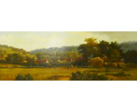 Robert Clarkson (exhibited 1880 - 1914), Golfer with caddy and Ganton village beyond, signed lower right hand corner, oil on 