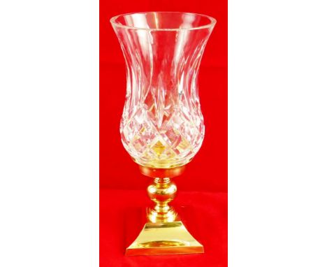 Waterford 'Lismore' pattern - Hurricane lamp with brass candle holder base and cut glass shade, 27.5cm high, boxed with paper