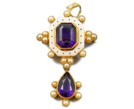 A Victorian 15ct gold, enamel, half pearl and amethyst brooch/pendant, in the Renaissance style, the milligrain set stone wit