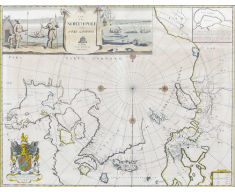 Moses Pitt, c1680, A Map of the North Pole and the Parts Adjoining, engraving of Inuits hunting whale and seal, hand coloured