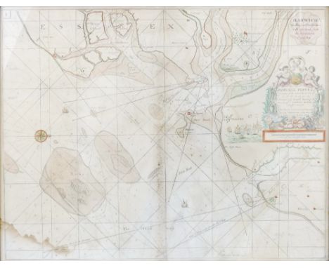 Captain Greenvile Collins, Harwich chart, inscribed in ornate cartouche, dedicated to Samuel Pepys and dated 1686, hand colou