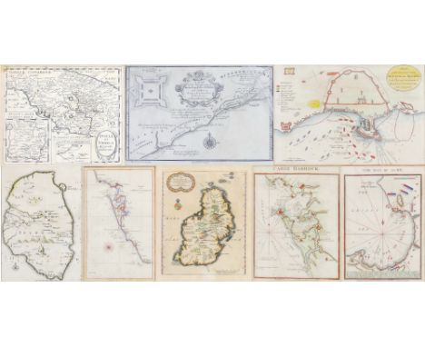 Eight small maps, comprising Cadiz Harbour 1809, The Bay of Acré 1815, Pierre Vander Aa, L'Ile Maurice c1714, Chart from Cadi