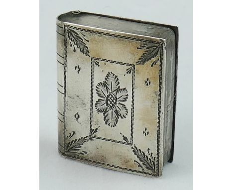 A George III silver patch box, by Cocks & Bettridge , Birmingham 1807, in the form of a book, with floral engraved decoration