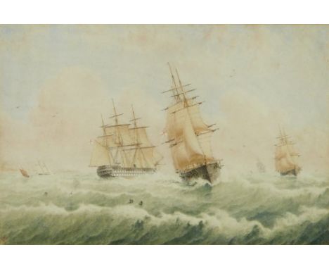 William Frederick Settle (1821 - 1897), Men o' War off the coast, monogrammed lower left hand corner, watercolour, 22 x 33 cm