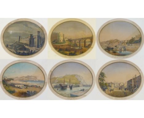 English School circa 1840, six oval views of Scarborough, unsigned, hand coloured lithographs, 21 x 26 cm, Hogarth frames (6)