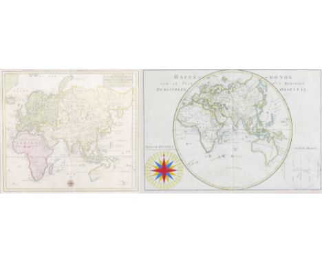 Is. Tirion, World Map dated 1753, later colouring, 32cm x 36cm, and another Oriental Hemisphere World map by Andre, with comp
