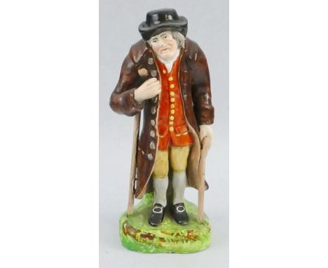 A 19th century Staffordshire pearlware figure, depicting 'Old Age' as a man wearing a black hat and long brown coat supportin