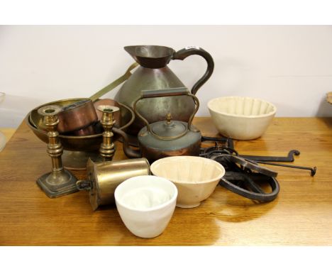 A quantity of early kitchen related copper, brass and ceramic items.