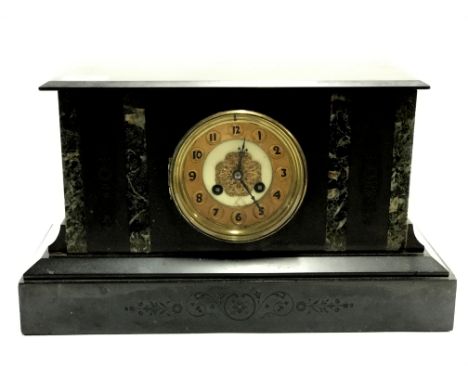 A 19th century French slate and marble mantle clock, W. 39cm, H. 23cm.