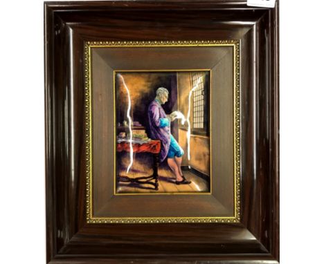 A lovely framed Limoges enamel on copper panel of a gentleman by Poyjel, 32 x 36cm.