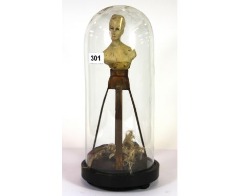 An interesting 19th century doll under dome (probably a shop display item), H. 35cm.