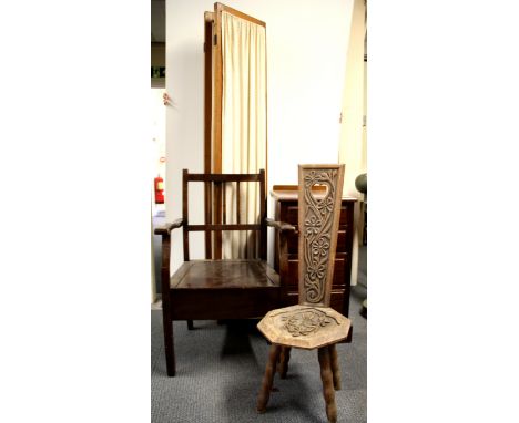 A four panel folding screen, a carved Welsh spinning chair, a four drawer chest and a commode chair.