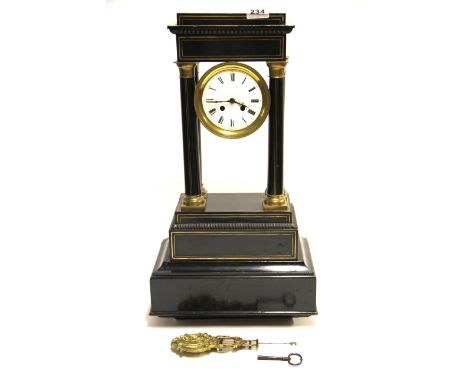 A 19th century brass inlaid ebonised portico clock with purpose made wall bracket, H. 58cm overall.