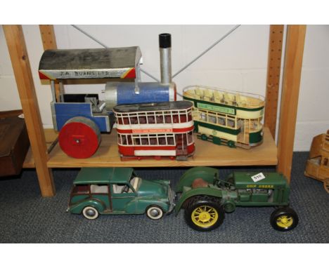 Two tin plate double decker buses, L. 28cm, with a car, a tractor and a wooden steam roller.