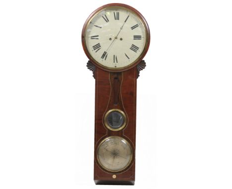 A 19th Century mahogany rosewood and brass inlaid combined drop-dial wall clock and mercurial barometer signed George Holden 