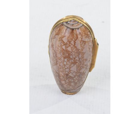 A Continental gilt metal and shell snuff box
Of tapering oval form with gilt metal mounts enclosing a variegated shell. 9cms.