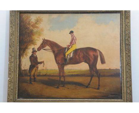 (British 20th Century) "Jockey saddled on a race course with attendant"
Oil on canvas, possibly over a printed ground. 54x64c