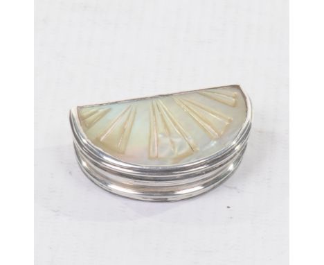 A late 18th early 19th Century white metal and Mother of Peal snuff box
Of hinged semi circular form inset with a fan shape M