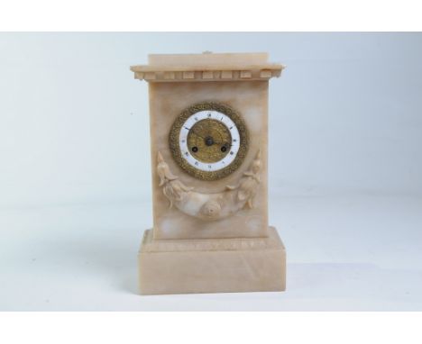 A 19th Century French Alabaster mantel clock
With a 8cm enamel dial, damaged, the two train eight day French movement with ou