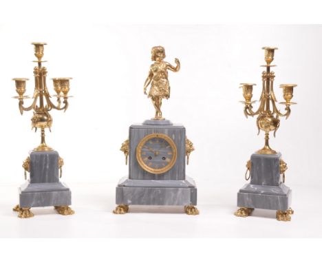 A Victorian grey veined marble figural clock garniture 
The mantel clock with a 8.9cm dial with Roman numerals, the two train