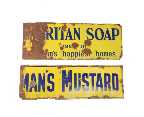 A blue and yellow enamel Puritan Soap advertising sign. 46cm X 122cm, and part of a Colman's Mustard enamel sign (2).