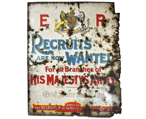 An Edwardian enamel Army recruits sign. By Wildman &amp; Meguyer Ltd, Birmingham, with the Royal crest and titled  'Recruits 