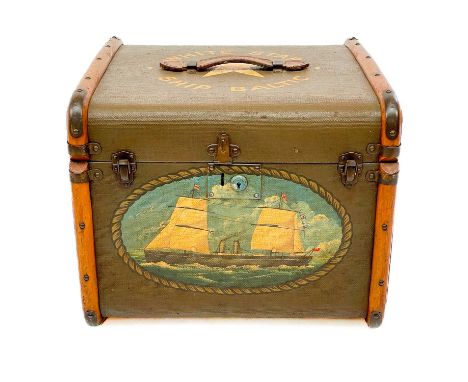 A wood and leather mounted cabin trunk. With later maritime painted decoration, height 42cm, width 52cm, depth 50cm.