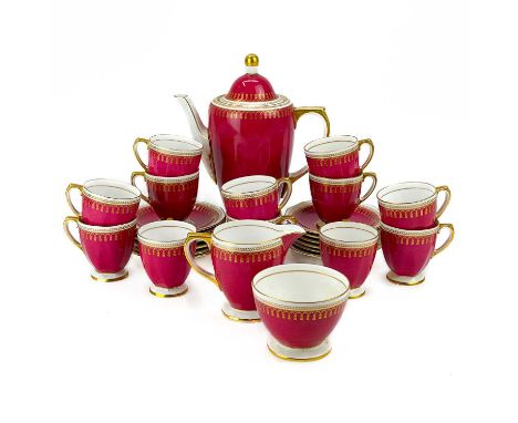 A Spode Ryde pattern ruby ground coffee service. Highlighted in gilt, Y3132 comprising: Coffee pot and cover, milk jug, sugar