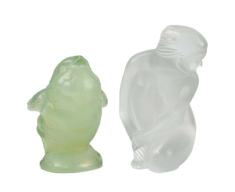 A modern Lalique glass figure of a female nude. Etched mark, height 11cm, together with a Sabino opalescent glass figure of a