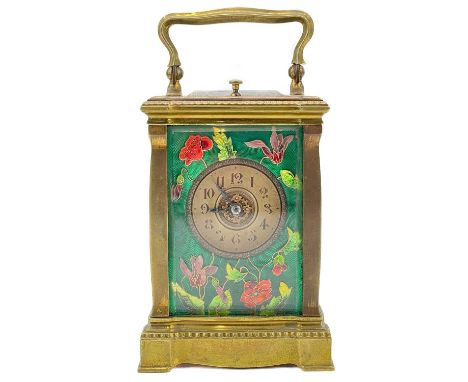 French 19th century repeater carriage clock. With enamel, engine turned decoration, back plate stamped Aigullies, height 13.5