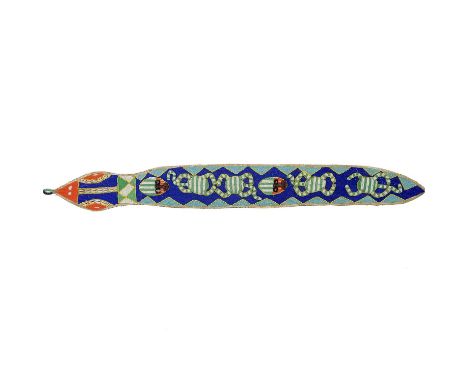 A Yoruba beadwork and cowrie shell sash. Of snake form with multicoulored beads incorporating masks and stylised animals. Tot