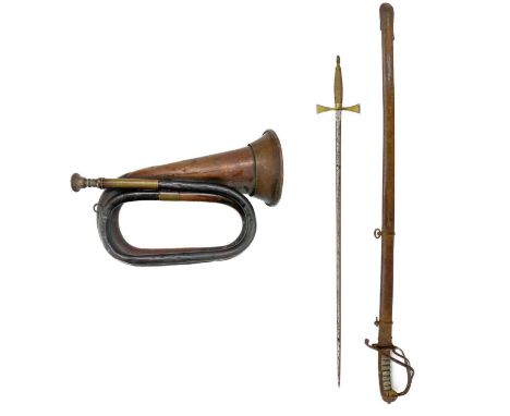 A Royal Horse Artillery sword. Together with a Boosey &amp; Co copper and brass bugle dated 1915 with Broad arrow and a Mason