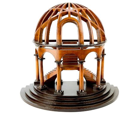 A Grand Tour style architectural model. Turned and stained wood, modern, featuring a staircase and a column supported dome, h