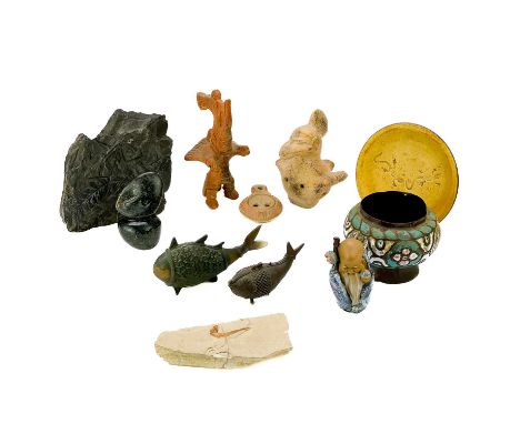 A possibly Inuit carved soapstone abstract figure. Height 11cm, together with two fossils, two pre-Columbian style pottery fi