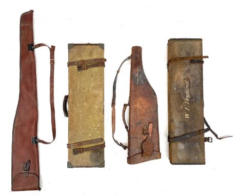 Two leather bound canvas gun cases. One labelled Army and Navy, the other Leeson, together with a leg of mutton leather gun c