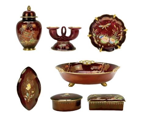 CarltonWare Rouge Royale, seven pieces. Including a bowl, with vine and grape decoration and gilt Celtic handles, diameter 26