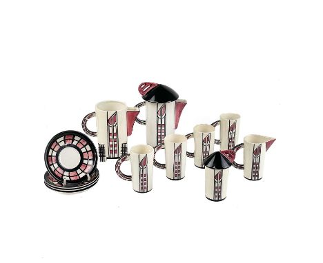 A Lorna Bailey coffee service after a design by Charles R Mackintosh. Limited 19/100. Comprising: Coffee pot and cover, hot w