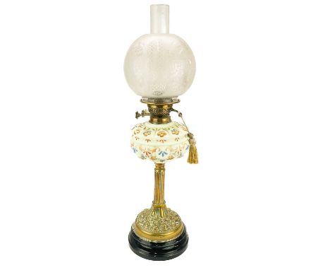 A Victorian brass oil lamp with etched glass shade.  On a circular base, with a moulded and painted glass reservoir and etche