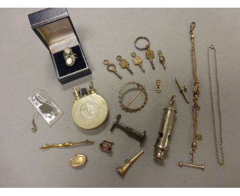 Interesting mix of vintage items to include; seals, watch keys, watch chains, trench whistle, French lighter, Navajo ring in 