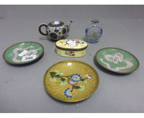 19C Continental enamel box three Cloisonne dishes, a similar teapot and an Oriental snuff bottle 