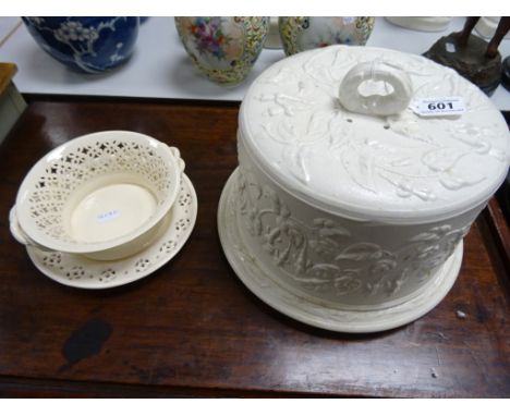 A 19th century ceramic cheese dome and cover, decorated with with flowers and vine leaves, along with modern creamware bowl a