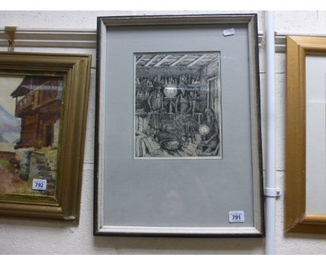 Framed monochrome print of figures Voodoo purging ceremony signed R Mackie
