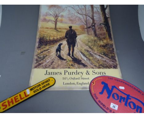 Vintage style Norton cast sign plus another cast Shell motor spirit sold here sign and a repro James Purdy & Sons advertising