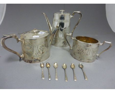 A silver plated three piece tea service, with engraved decoration, vacant cartouches, along with six silver plated tea spoons