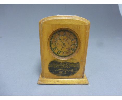 Mauchlinware Moneybox in the form of a Mantle Clock with a scene of Crieff from Knock Mary