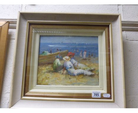 Oil on panel portrait of Edwardian figures relaxing on a beach beside boat