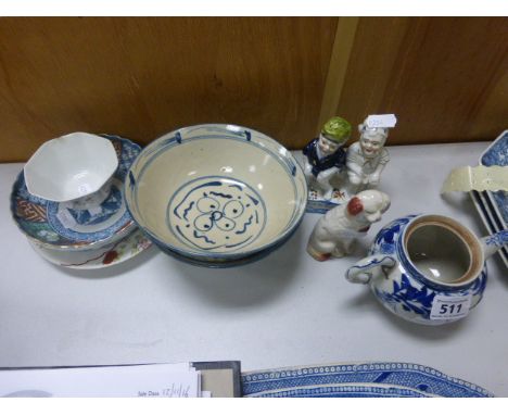 Two middle eastern blue and white bowls, along with a teapot 